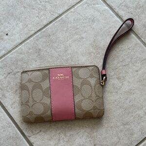 Coach Signature Tan and Pink Wristlet